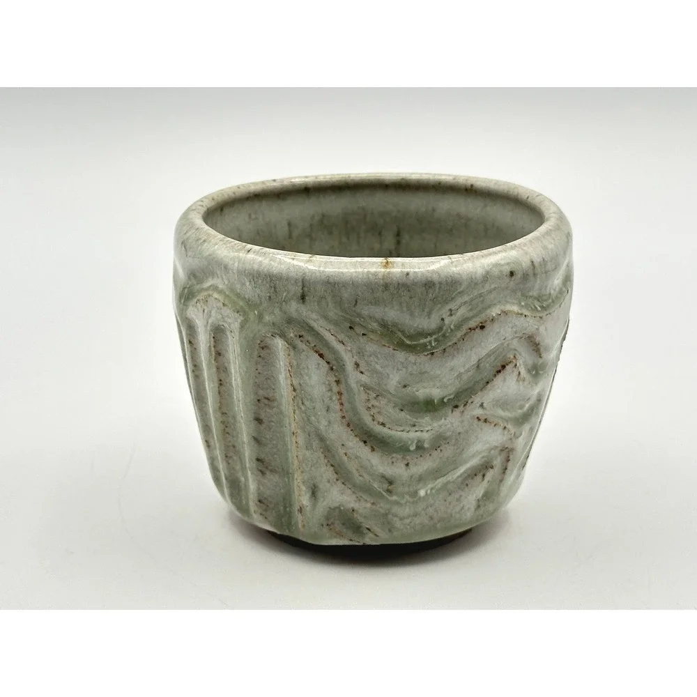 Olivia Coffee Studio Pottery Carved Celadon Green Wave Textured Cup Planter 3